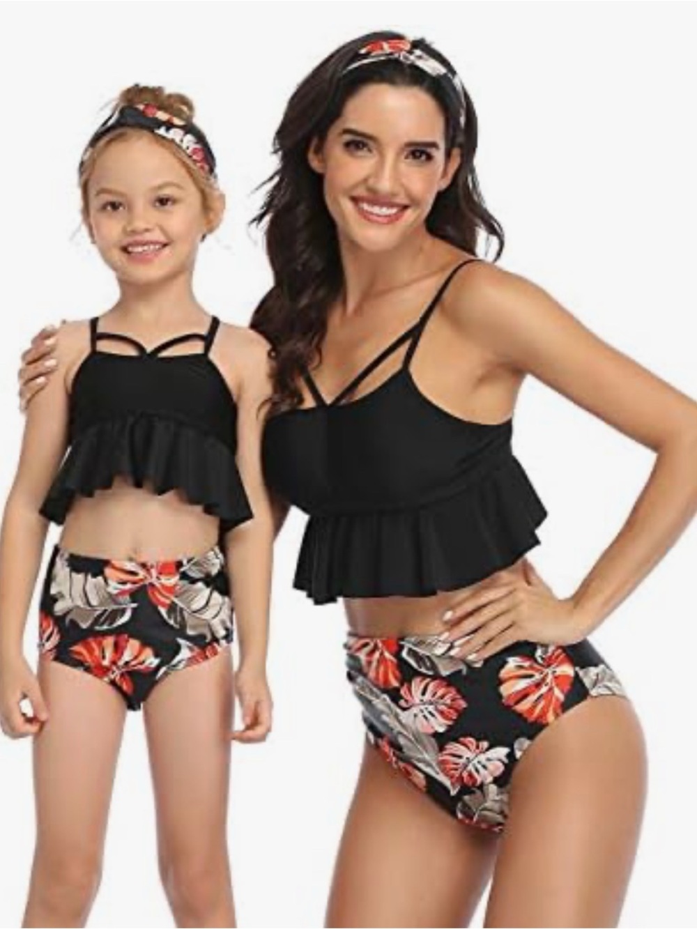 Kids Black Ruffle Two-Piece Bikini with Tropical Floral High-Waist Girls size 5
